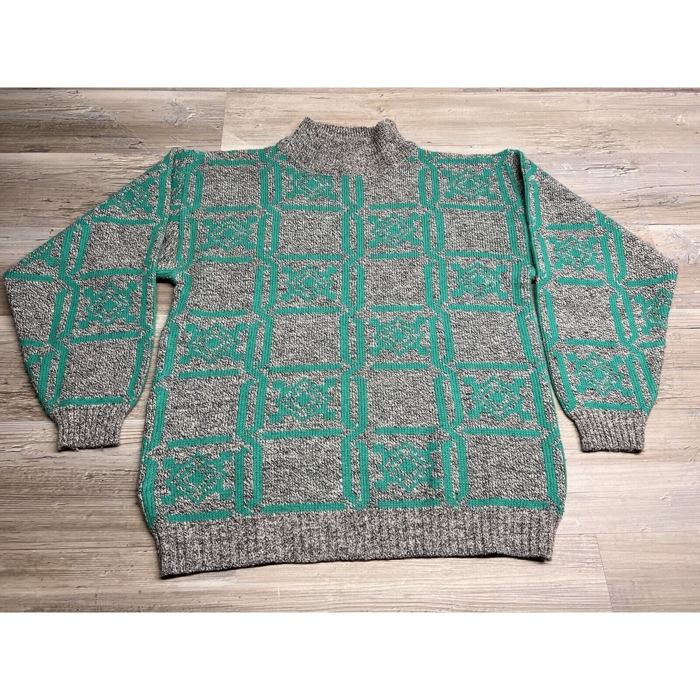 Vintage 90s Boundary Waters Sweater Womens M Geometric Green Gray‎ Mock Neck